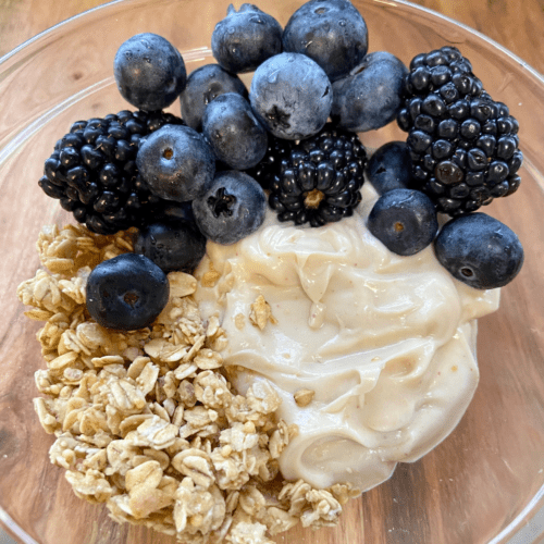 Vegan peanut butter yogurt parfait with berries