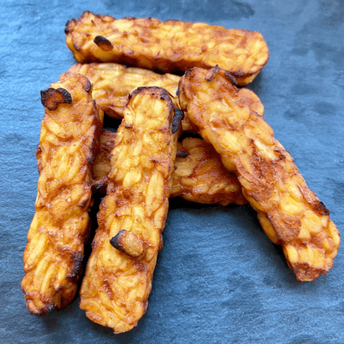 smoky tempeh strips. Air-fried. Plant-based / vegan protein