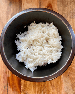 Rice for vegan Bulgogi rice bowl make with asian cabbage slaw and kimchi