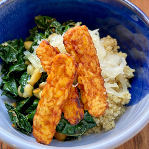 Tempeh strips marinated in a smoky, tangy sauce and air-fried until crisp. An excellent, protein packed, plant-based substitute for meat. 