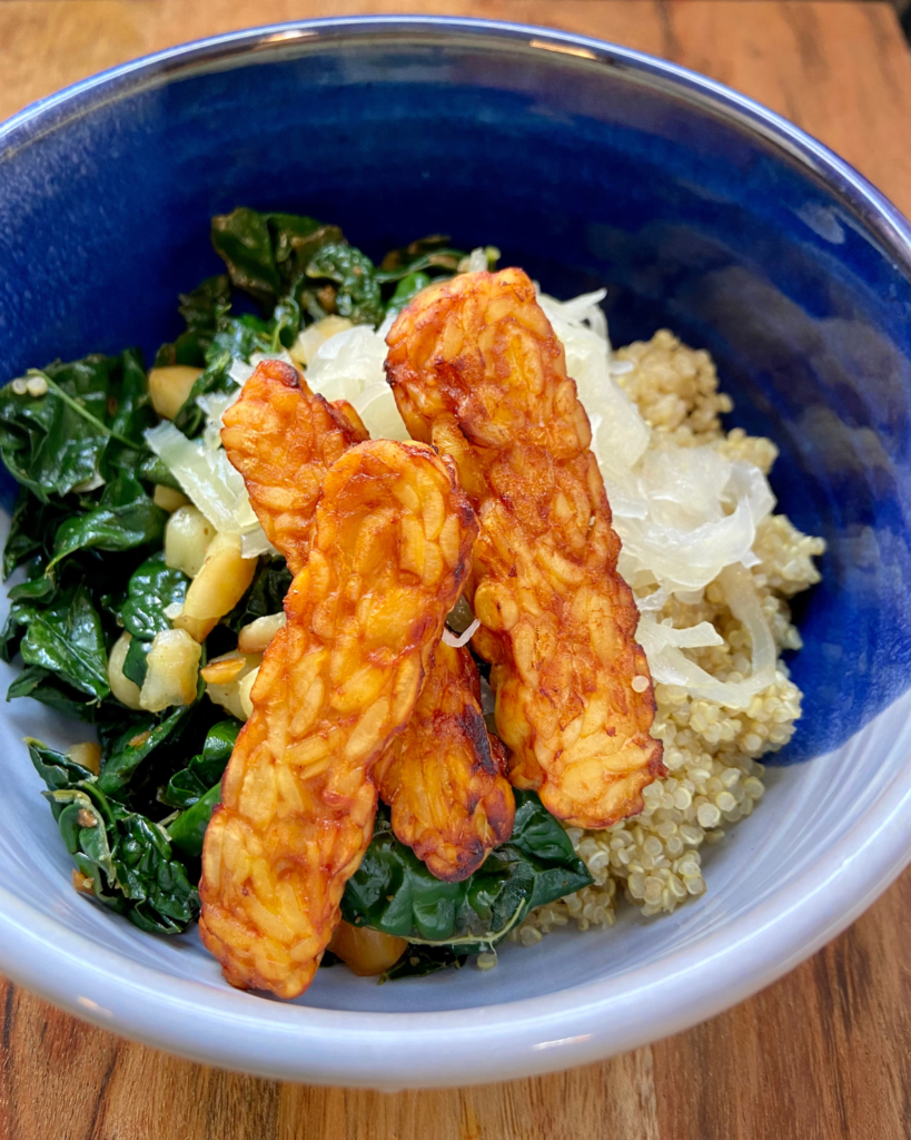 Tempeh strips marinated in a smoky, tangy sauce and air-fried until crisp. An excellent, protein packed, plant-based substitute for meat. 