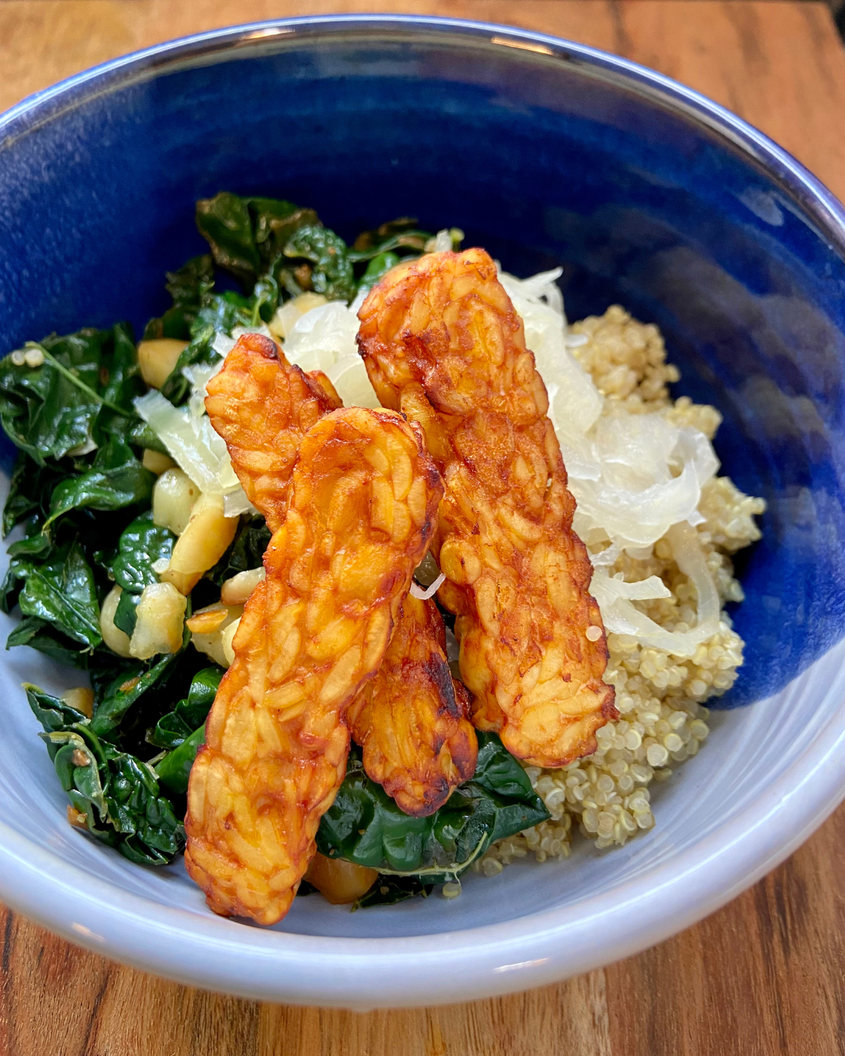 Tempeh strips marinated in a smoky, tangy sauce and air-fried until crisp. An excellent, protein packed, plant-based substitute for meat.