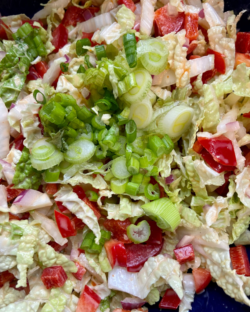 Asian red pepper slaw for Vegan taco stuffed with spicy five spice tofu crumble, Asian red pepper slaw, fresh sliced avocado, green onion.