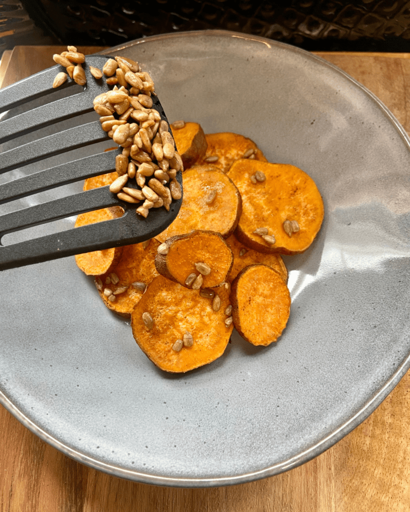 roasted sunflower seeds for Rosemary Maple & Blackberry Silver Dollar Sweet Potatoes