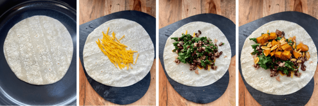 Vegan burrito, loaded with roasted sweet potatoes, toasted almonds, seasoned black beans, quinoa, kale, vegan cheese and topped with cilantro tomato salad, vegan sour cream, and avocado.  Packed with protein and flavor!