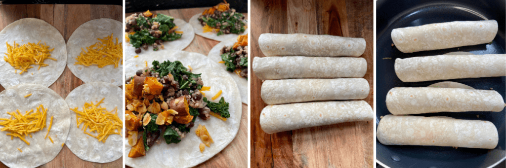 Vegan burrito, loaded with roasted sweet potatoes, toasted almonds, seasoned black beans, quinoa, kale, vegan cheese and topped with cilantro tomato salad, vegan sour cream, and avocado.  Packed with protein and flavor!