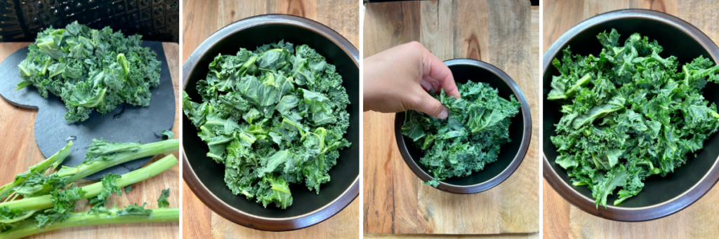 kale for Vegan burrito, loaded with roasted sweet potatoes, toasted almonds, seasoned black beans, quinoa, kale, vegan cheese and topped with cilantro tomato salad, vegan sour cream, and avocado.