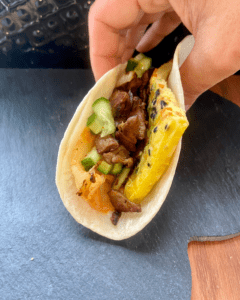 vegan steak and eggs kimchi breakfast taco recipe