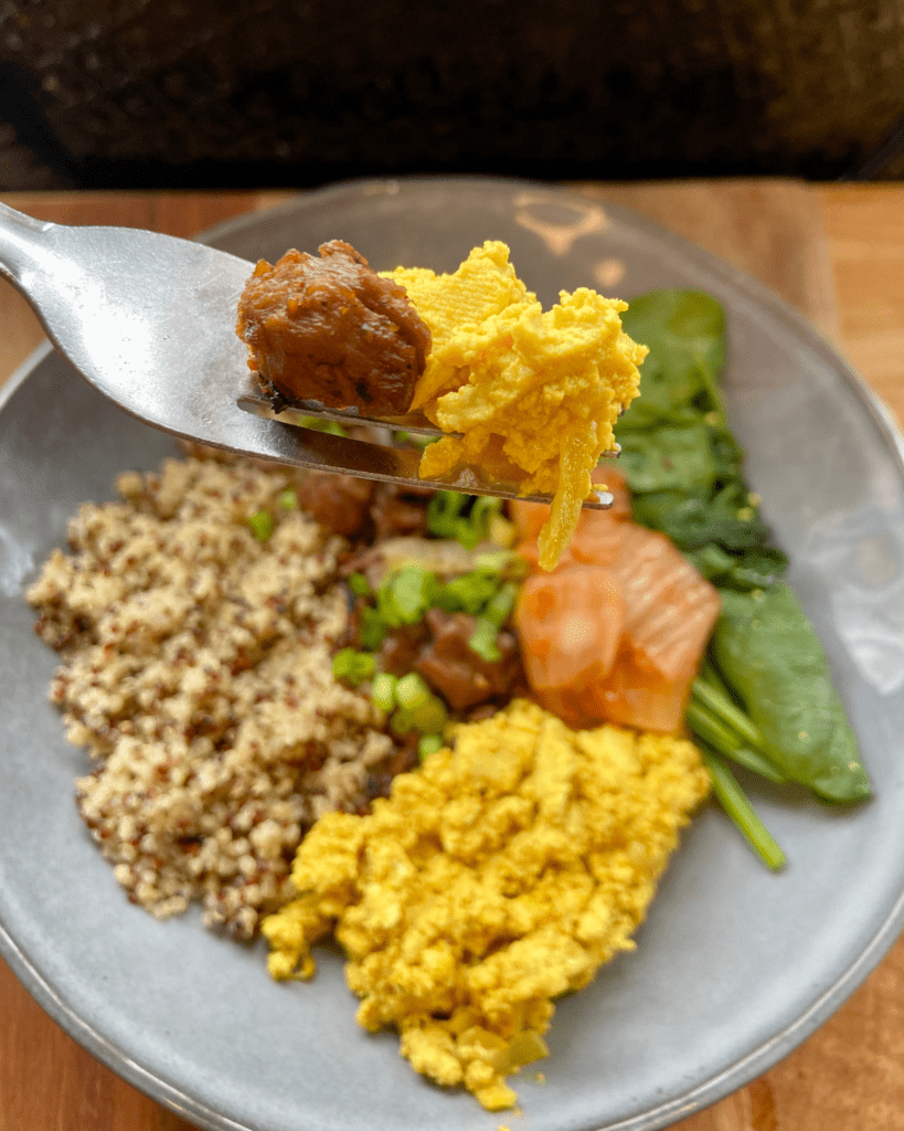 vegan steak and eggs protein bowl