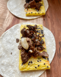 vegan steak and eggs on tortilla