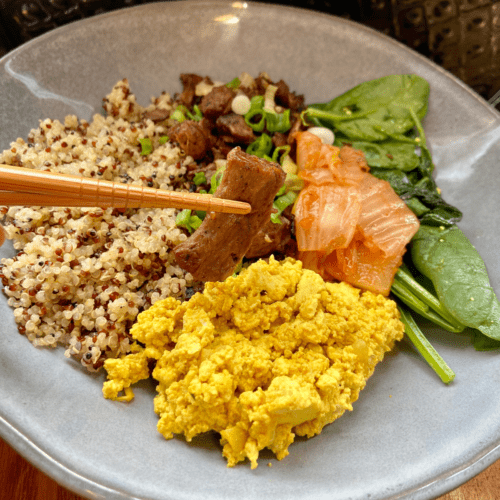 vegan steak and eggs protein breakfast bowl