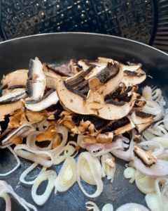 cooking mushrooms shallots for vegan fra diavolo recipe