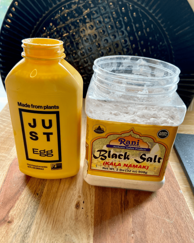 Just Egg and black salt for Vegan Steak and Eggs Breakfast Tacos