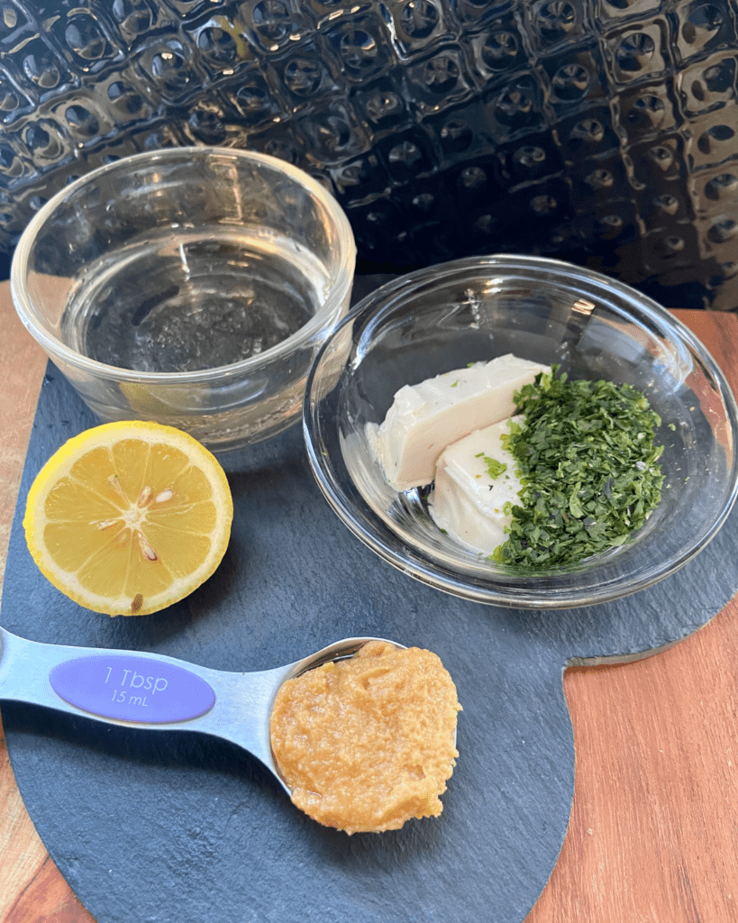 vegan butter, miso , nori flakes, and lemon for vegan seafood scampi sauce
