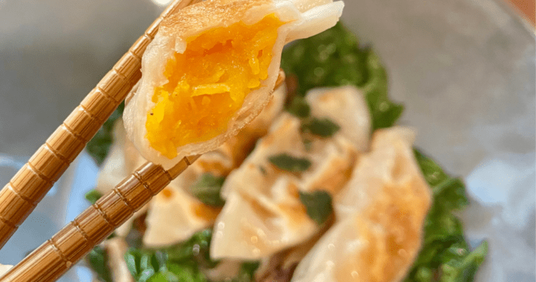 Butternut Squash Dumplings With Kale and Shiitake Mushrooms in Miso Butter