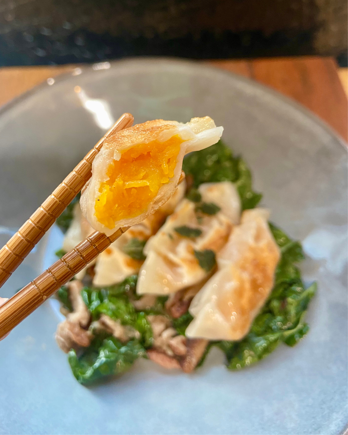 Butternut Squash Dumplings With Kale and Shiitake Mushrooms in Miso Butter