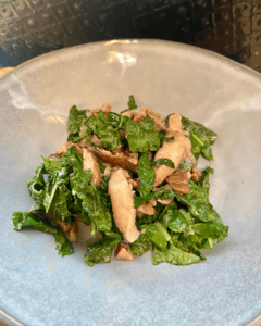 shiitake mushrooms and kale in a miso butter with pecans and shallots