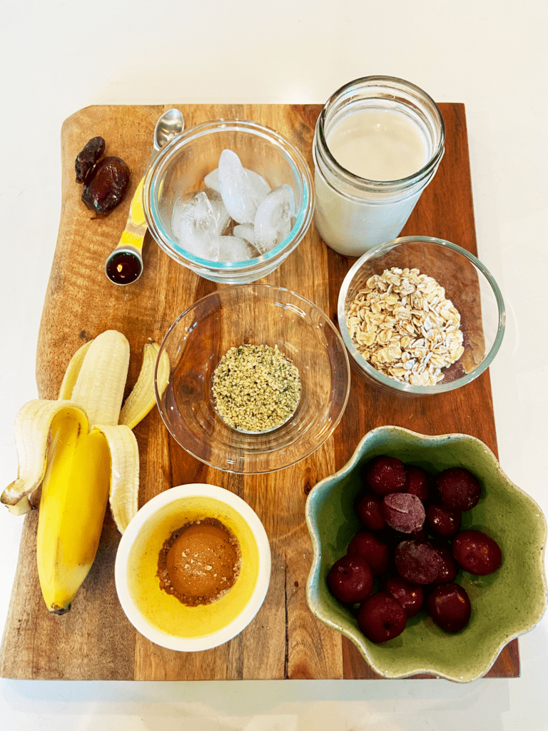 ingredients for chocolate cherry dessert smoothie 