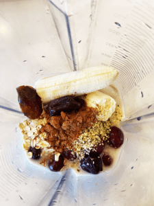 ingredients for vegan dessert smoothie in a blender