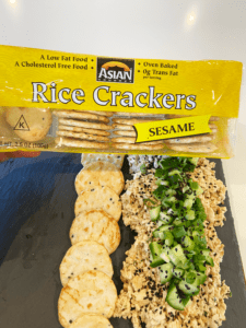 rice crackers with vegan spicy tuna snack plate