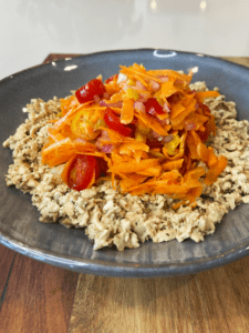 vegan tuna salad topped with vegetable medley