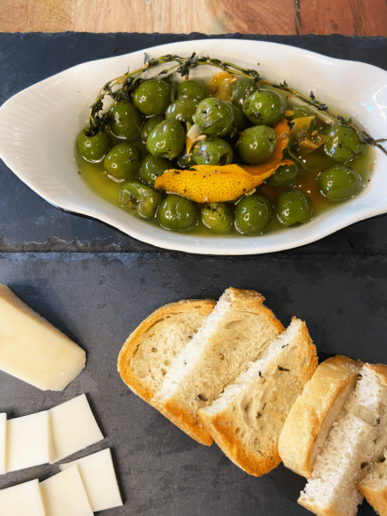 warm marinated olives for charcuterie board easy vegan Italian starter