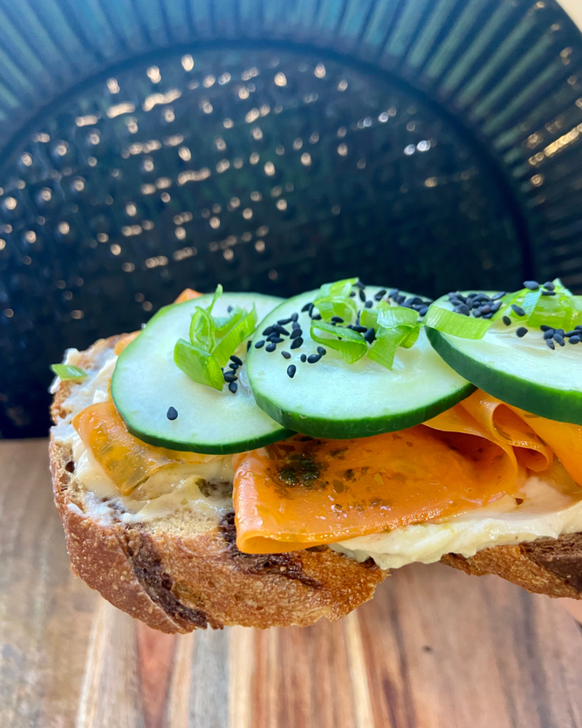 Japanese inspired carrot lox toast  vegan recipe using nori flakes