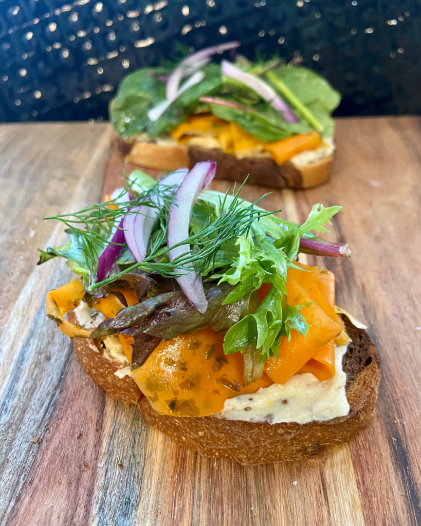 carrot lox toast with sweet mustard cream cheese  vegan recipe using nori flakes