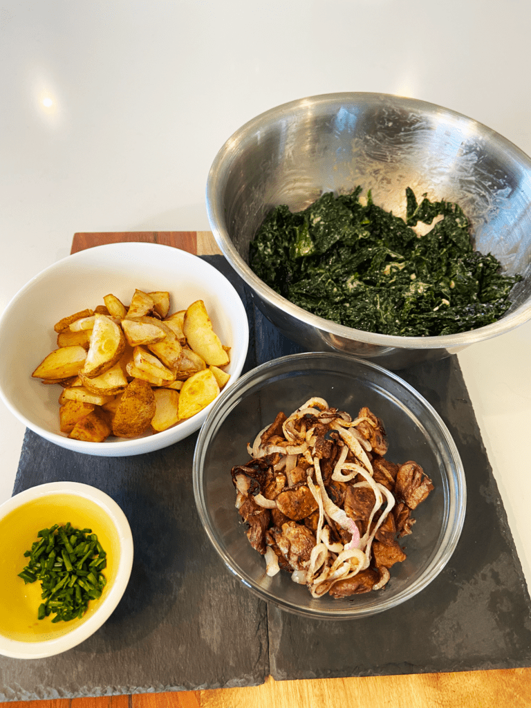 ingredients for beyond steak tips recipe vegan steak and potato kale salad with blue cheese crumbles