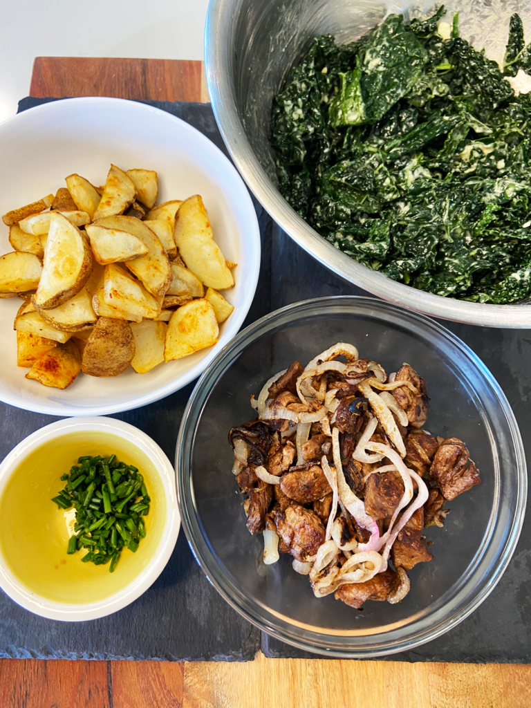 ingredients for beyond steak tips recipe vegan steak and potato kale salad with blue cheese crumbles