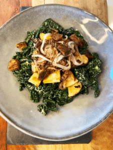 plating steak for vegan steak and kale salad