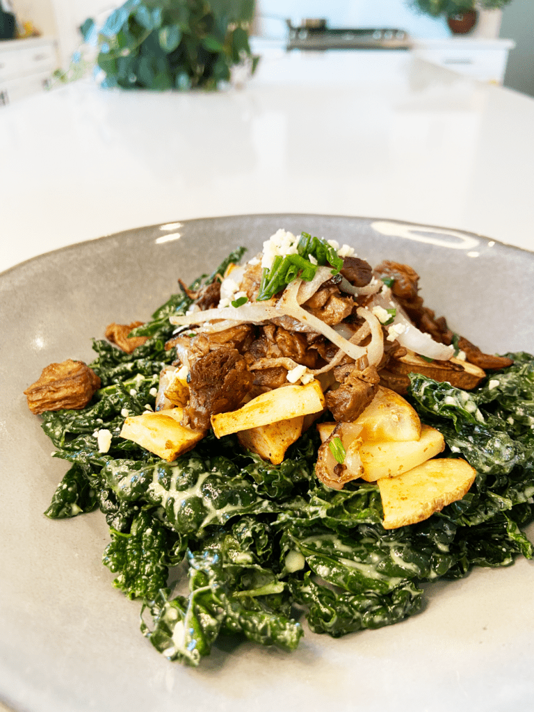 beyond steak tips recipe vegan steak and potato kale salad with blue cheese crumbles