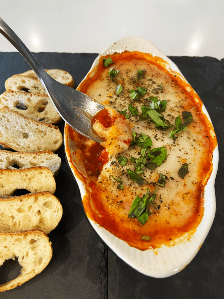 Marinara and Vegan Mozz Dip with Miyoko’s Liquid Mozzarella Olive