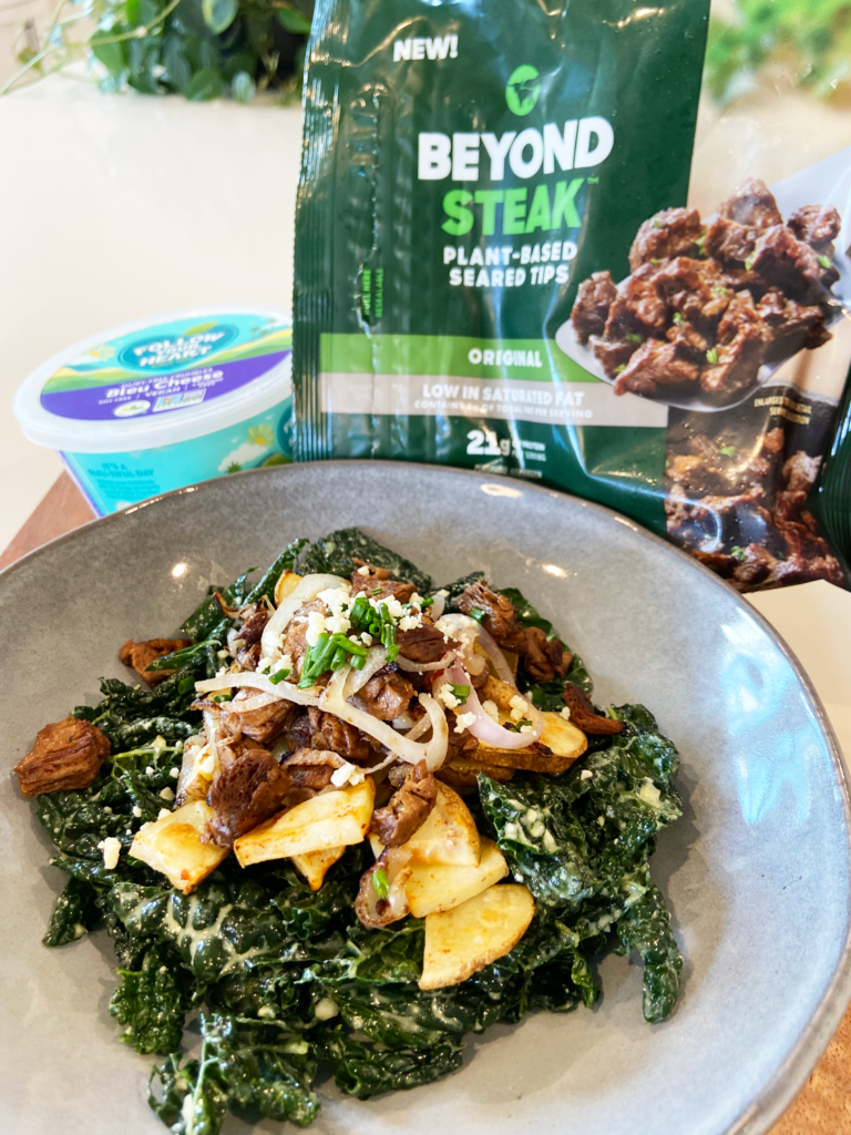 beyond steak tips recipe vegan steak and potato kale salad with blue cheese crumbles