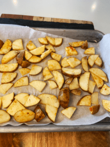 potatoes on baking sheet forfor beyond steak tips recipe