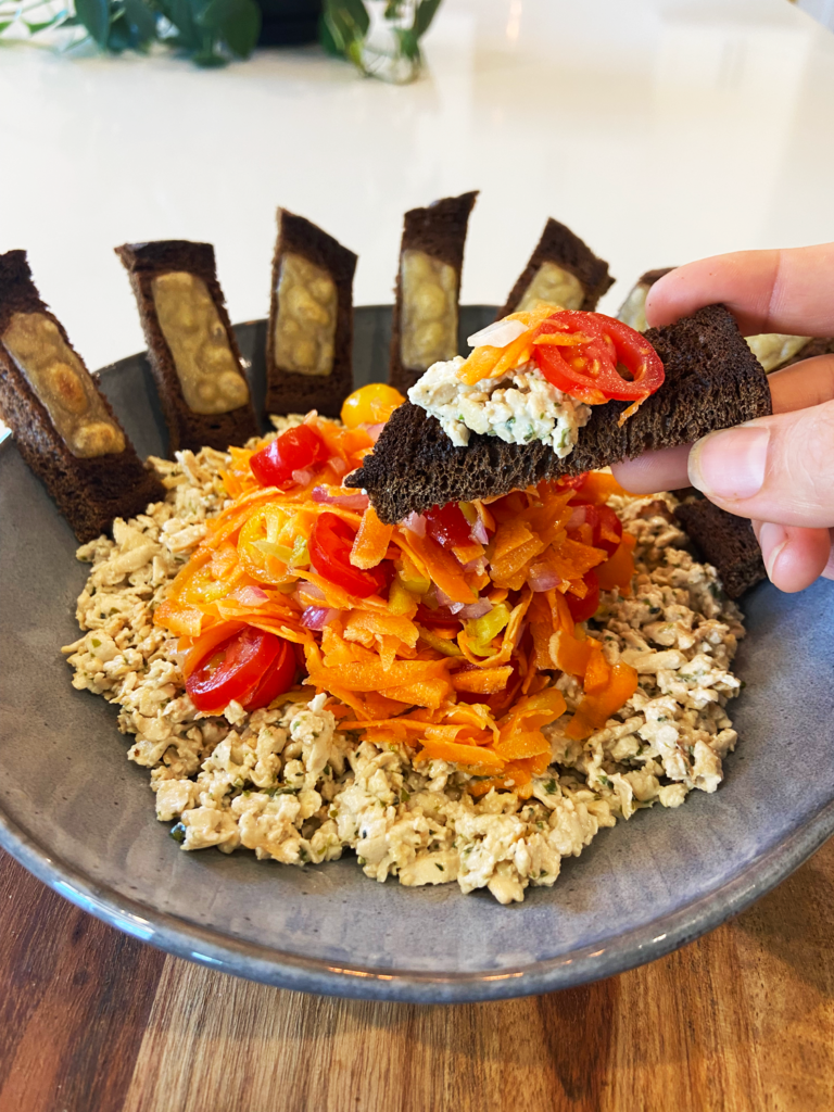 vegan tuna melt snack plate  vegan recipe using nori flakes