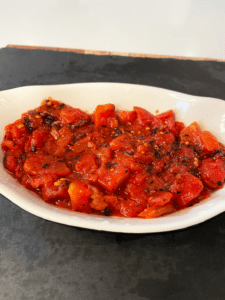 fire roasted tomatoes in baking dish