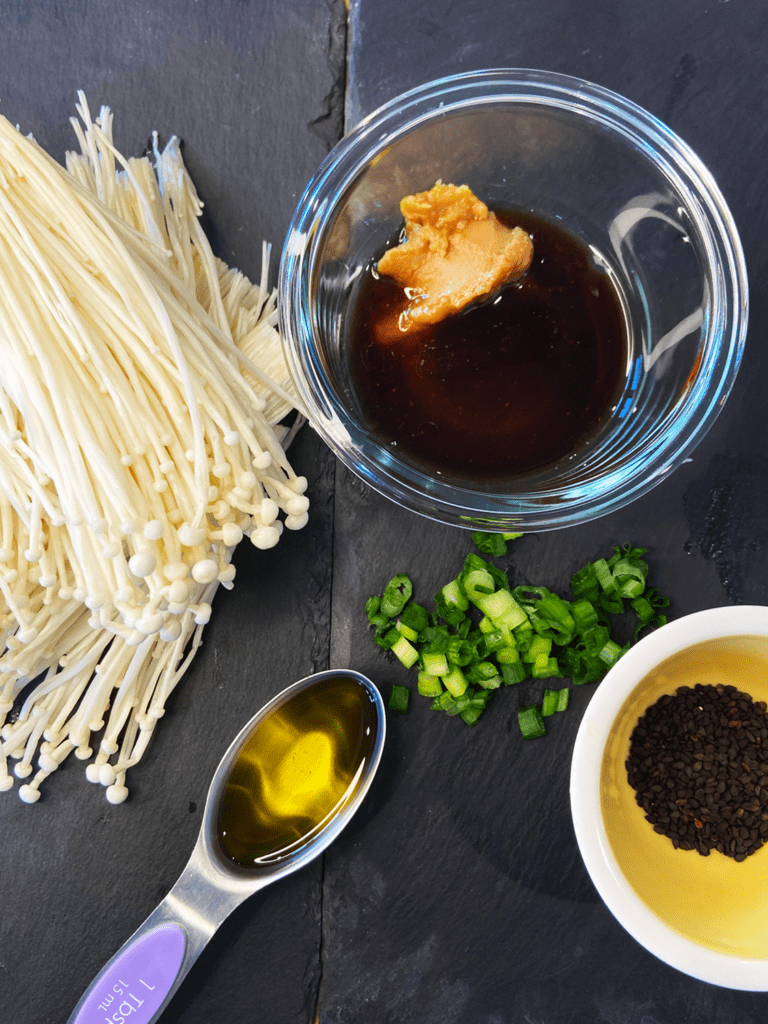 ingredients for air fried enoki mushrooms with miso sake sauce