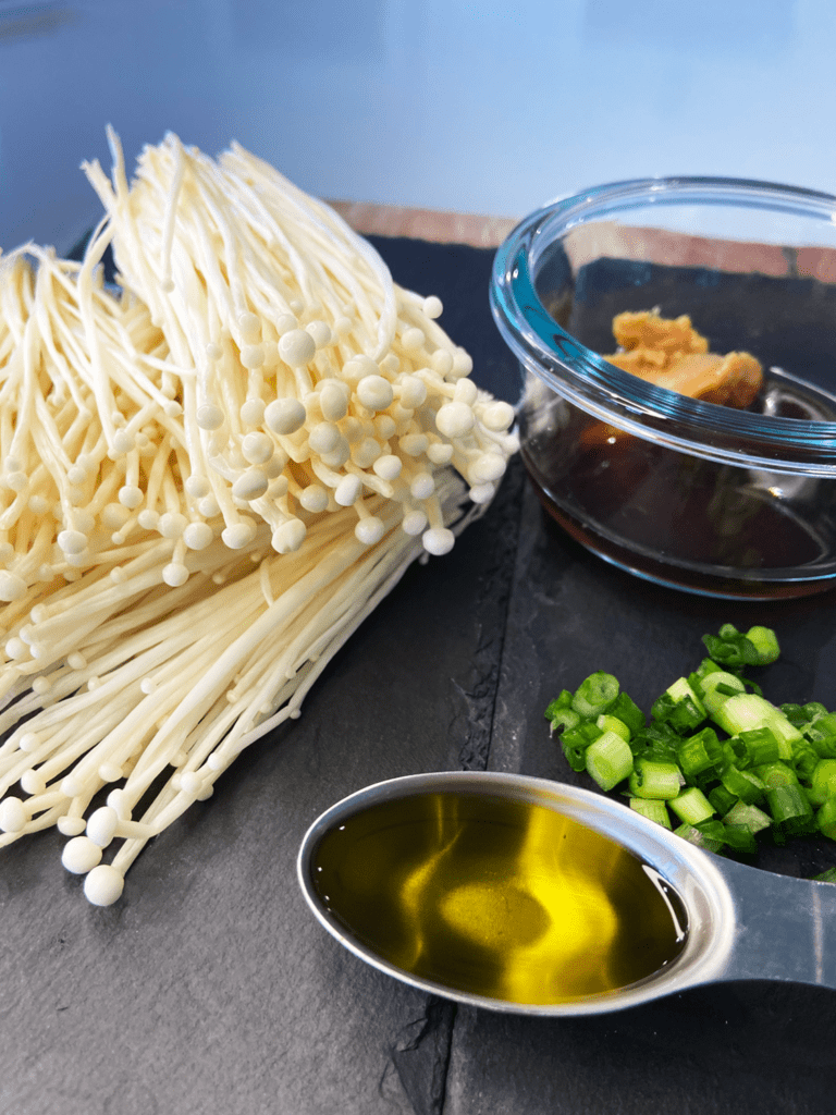 ingredients for air fried enoki mushrooms with miso sake sauce