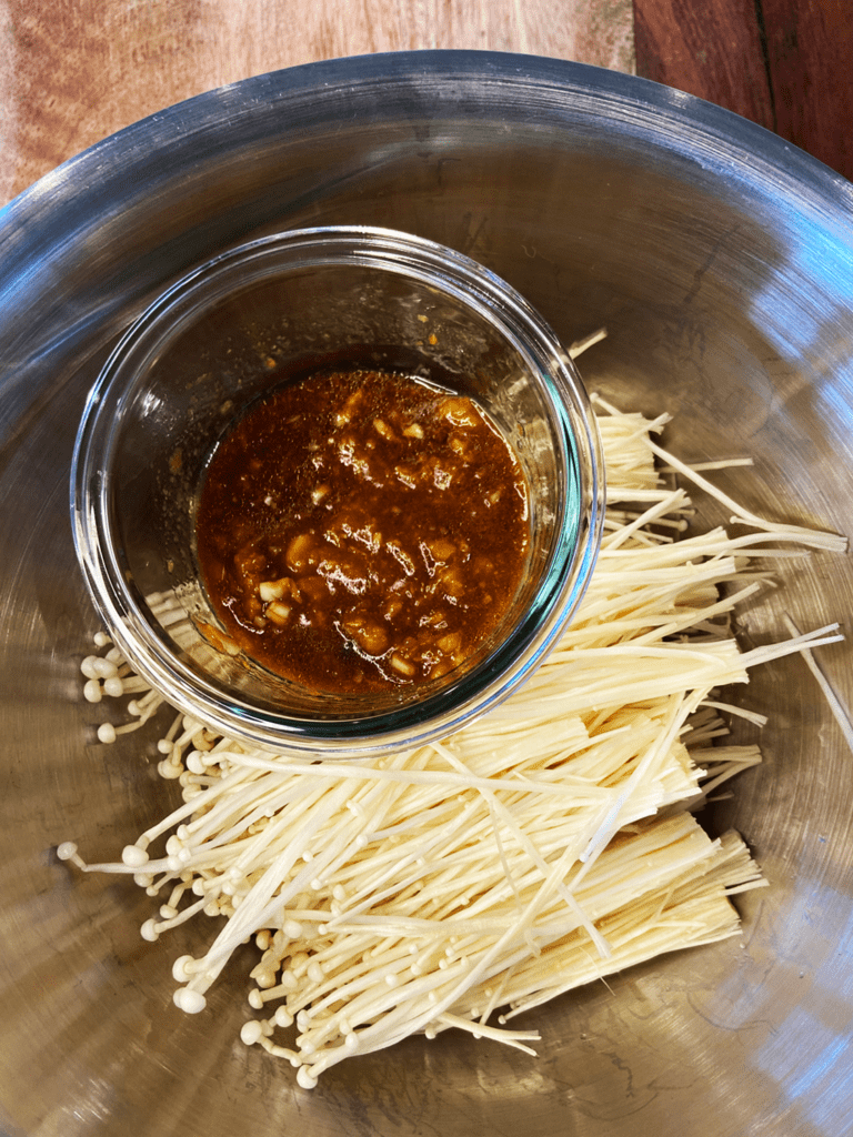 enoki mushrooms and miso sake sauce
