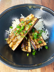 air fryer miso eggplant served over rice