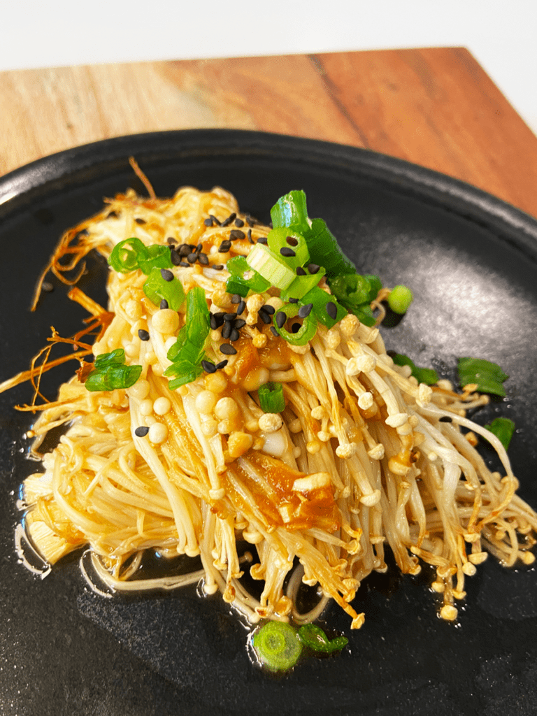 air fried enoki mushrooms with miso sake sauce