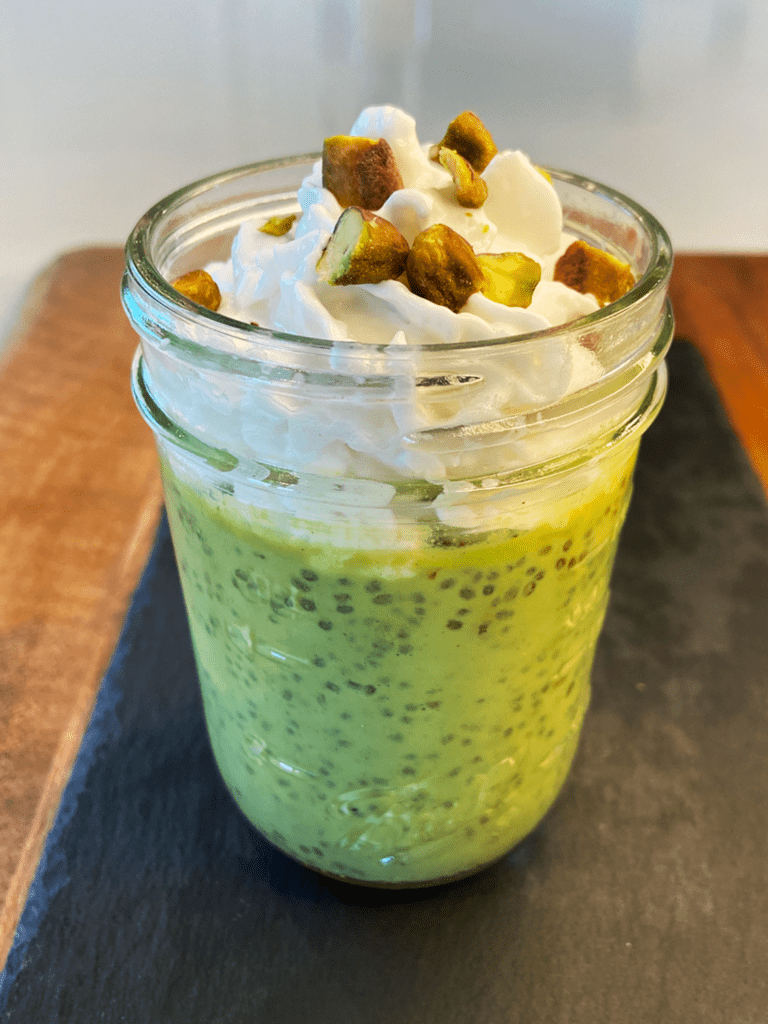 pistachio chia seed pudding with oat milk