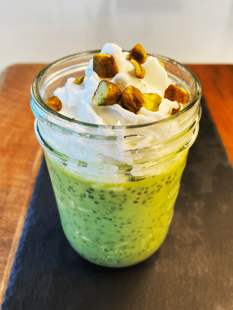 pistachio chia seed pudding with oat milk