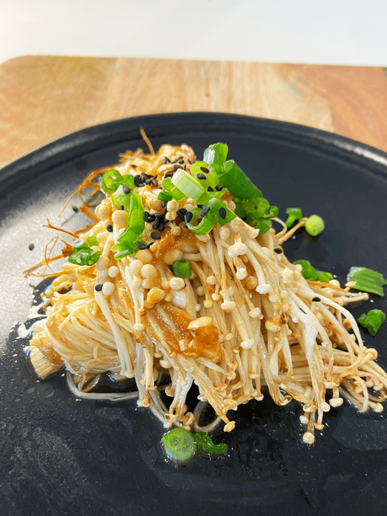 air fried enoki mushrooms with miso sake sauce