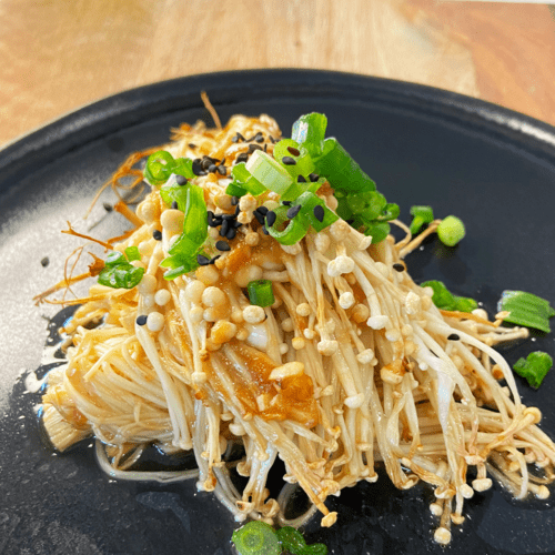 air fried enoki mushrooms with miso sake sauce