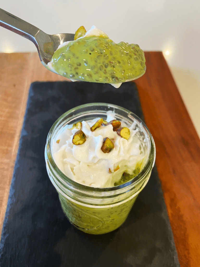 pistachio chia seed pudding with oat milk