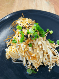 air fried enoki mushrooms plated