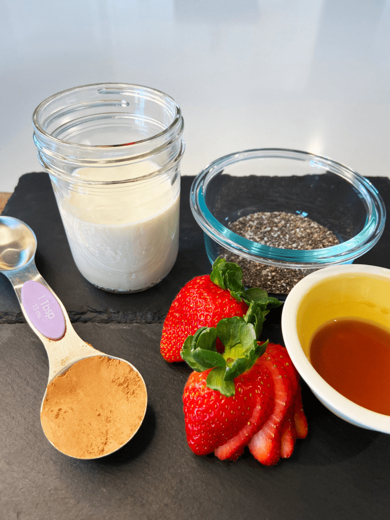 ingredients for chia seed pudding recipe made with oat milk