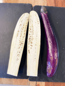 Japanese eggplant cut in half